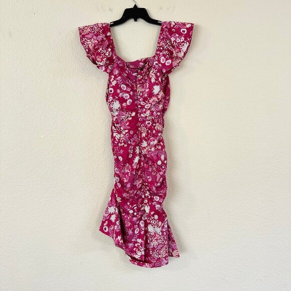 Sachin & Babi Pink Floral Ruched Midi Dress Womens Size 2 Ruffle Flutter Sleeve - Picture 3 of 11